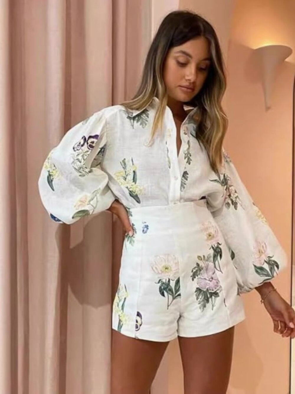 🌺 Molilove Womens 2 Piece Outfit Hawaiian Long Sleeve Button Down Shirt Set 🌺